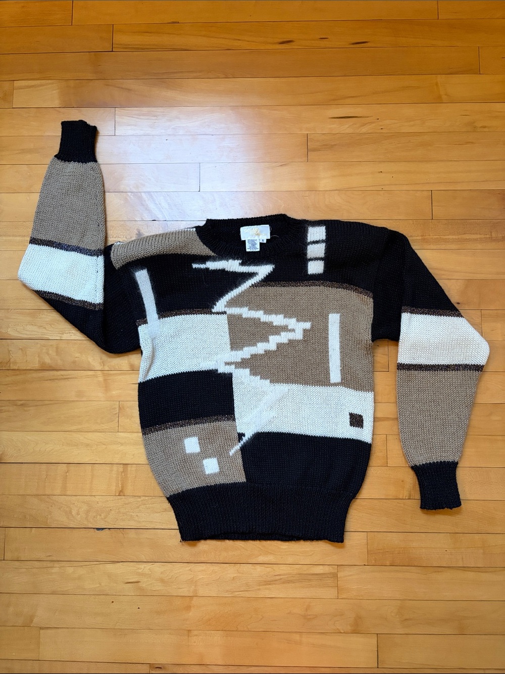 Vintage 80s Acrylic Wool Blend Sweater Geometric Abstract Black Cream Tan Gold S